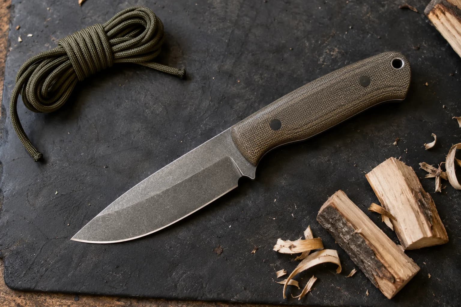 Stonewashed outdoor knife with canvas handle lying flat on a dark mat beside a coil of green cord and small wood offcuts.