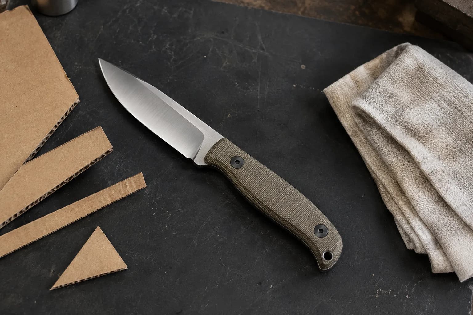 Satin-finish working knife with green canvas handle lying flat on a dark mat beside cardboard offcuts and a folded cloth.