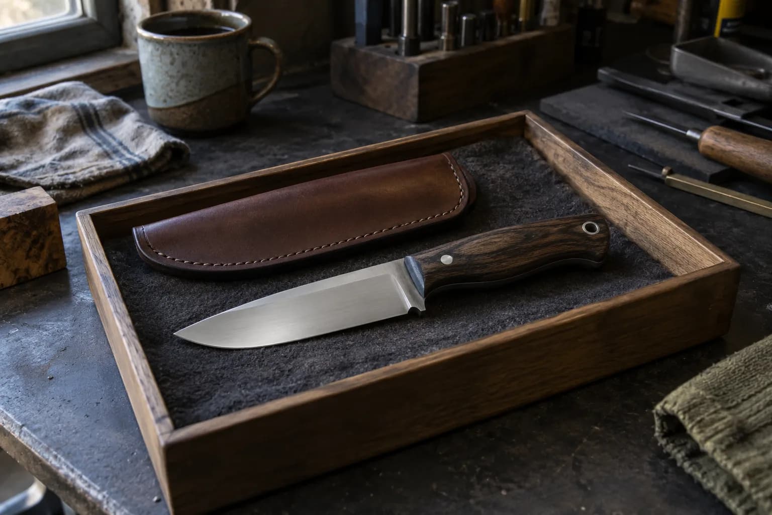 Finished drop-point knife with dark wood handle in a felt-lined oak tray beside a brown stitched leather sheath.
