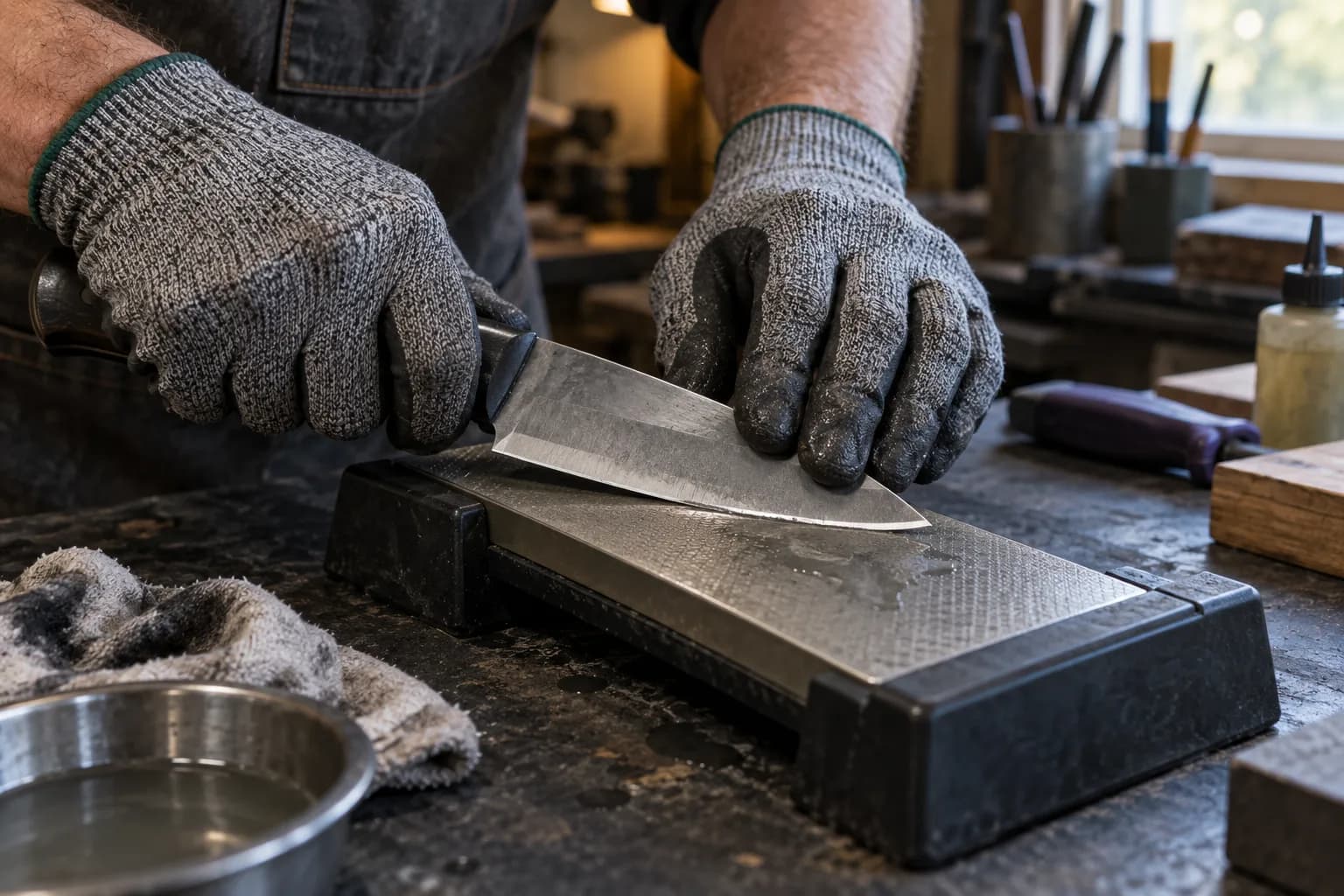 Gloved hands draw a knife edge across a diamond plate held in a black bench holder, with a bowl of water nearby.