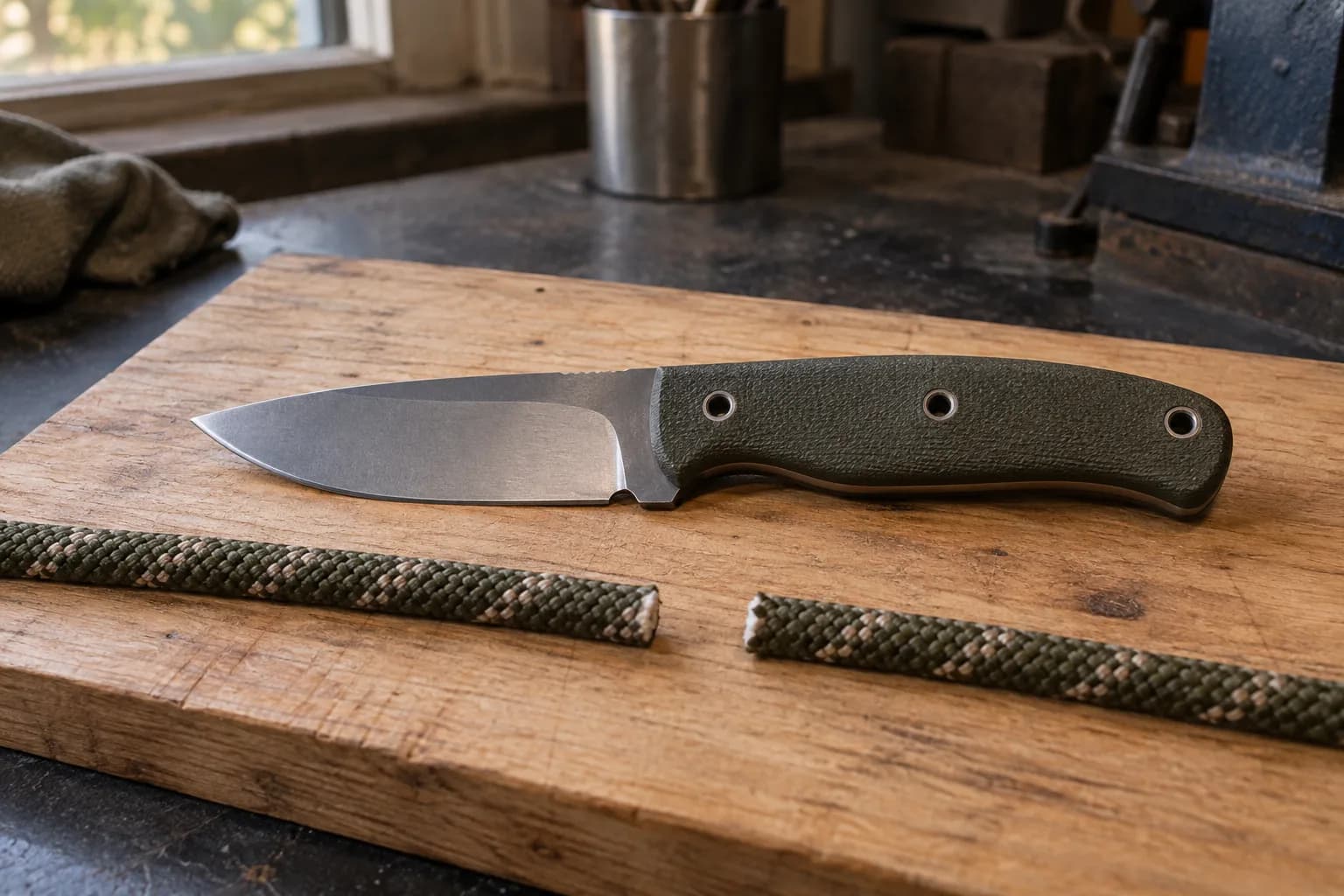 Drop-point fixed knife with green textured handle lying on a wooden board beside two cut ends of braided cord.