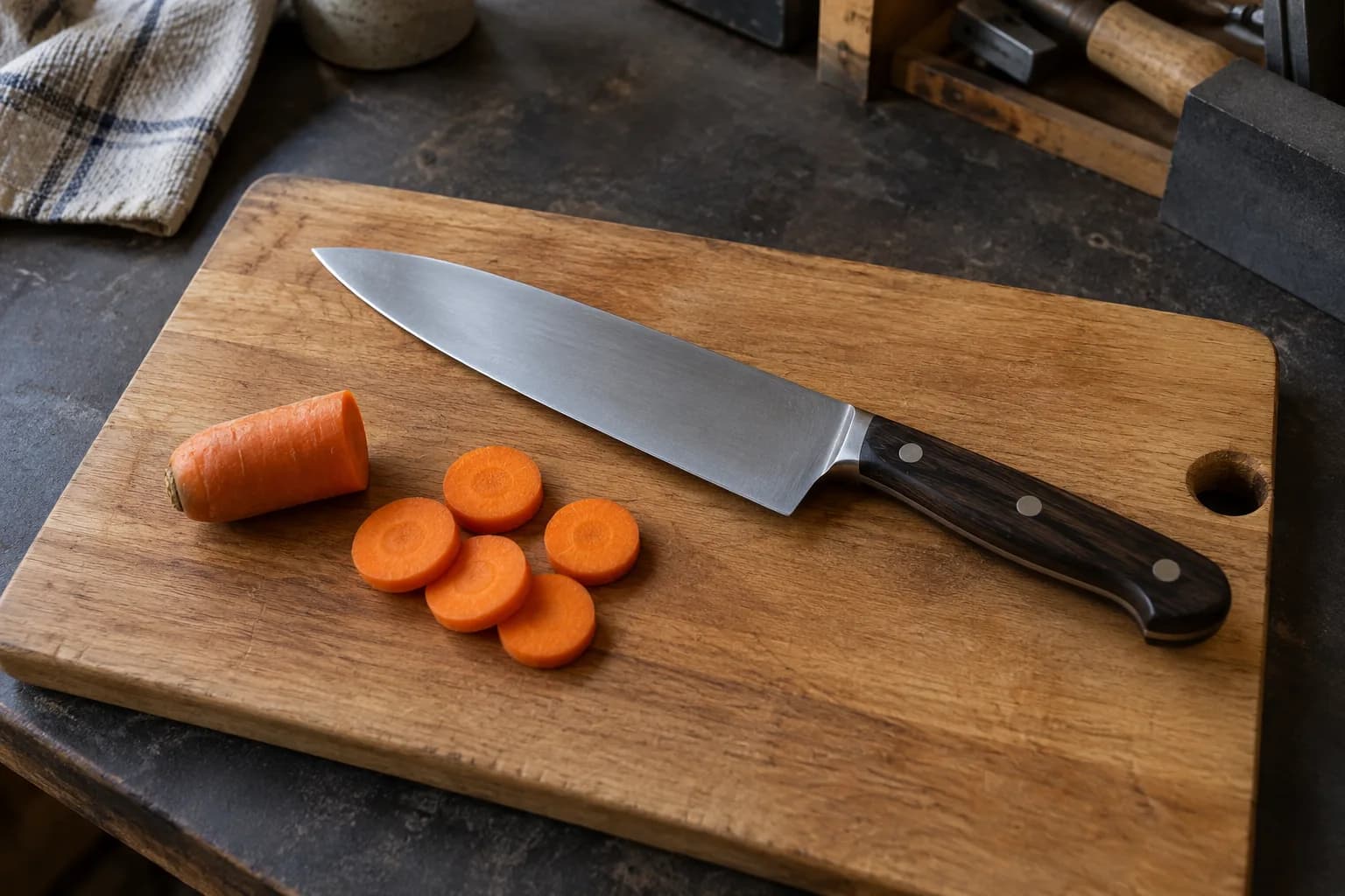 Chef knife with dark riveted handle lying on a wooden board beside a carrot stub and five cut carrot rounds.