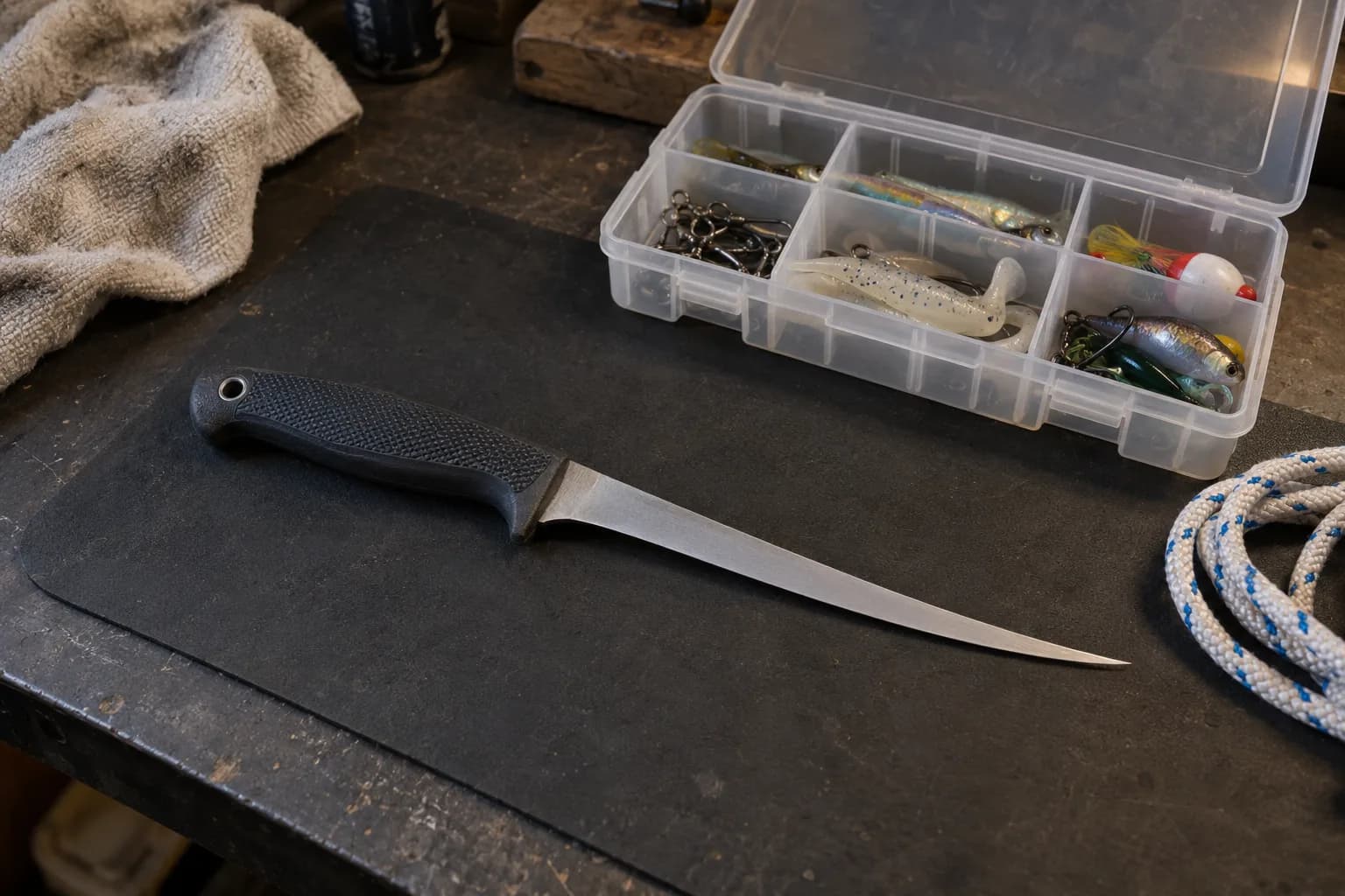Slim fillet knife with a black textured handle on a rubber mat beside an open tackle box of lures and a coil of rope.