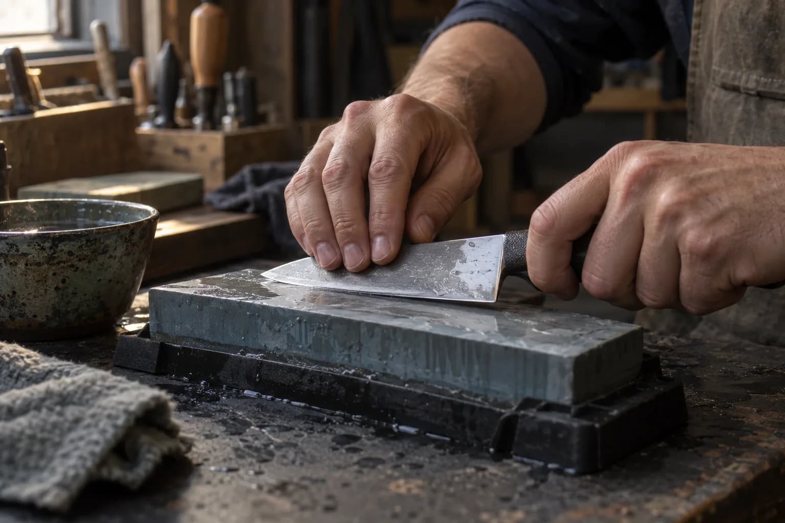 Hands sharpening a utility knife on a wet gray bench stone held in a black nonslip holder, with a water bowl beside it.
