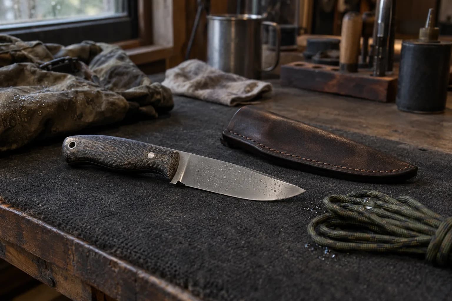 Drop-point hunting knife with a dark micarta handle on a padded bench beside a leather sheath and damp camo cord.