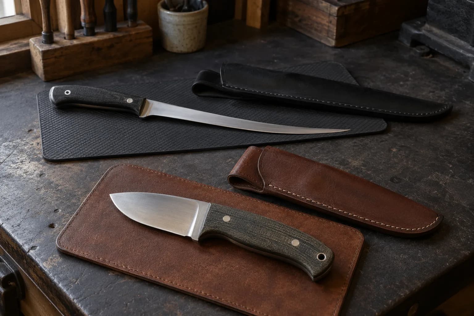 Stout drop-point utility knife on a leather pad and a long slim fillet knife on a rubber pad, each beside its sheath.