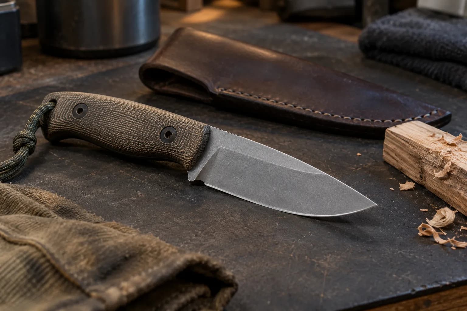 Stonewashed drop-point knife with green micarta handle on a dark bench pad beside a leather sheath and a wood offcut.