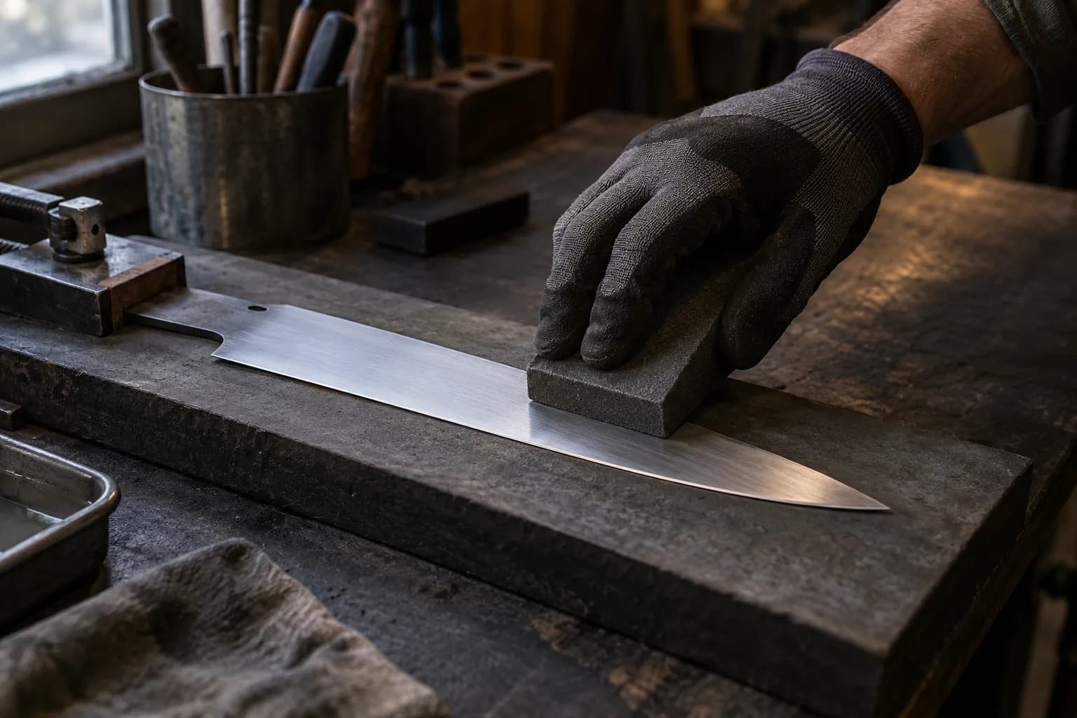 Gloved hand drawing an abrasive block along a clamped kitchen-knife blank lying flat on a thick board in a small shop.