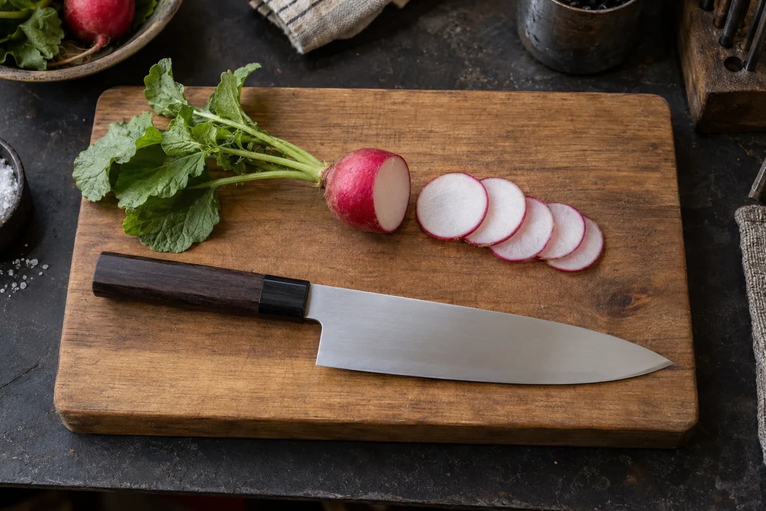 Japanese-style kitchen knife with a dark octagonal handle lying on a wood board beside a radish and thin radish slices.
