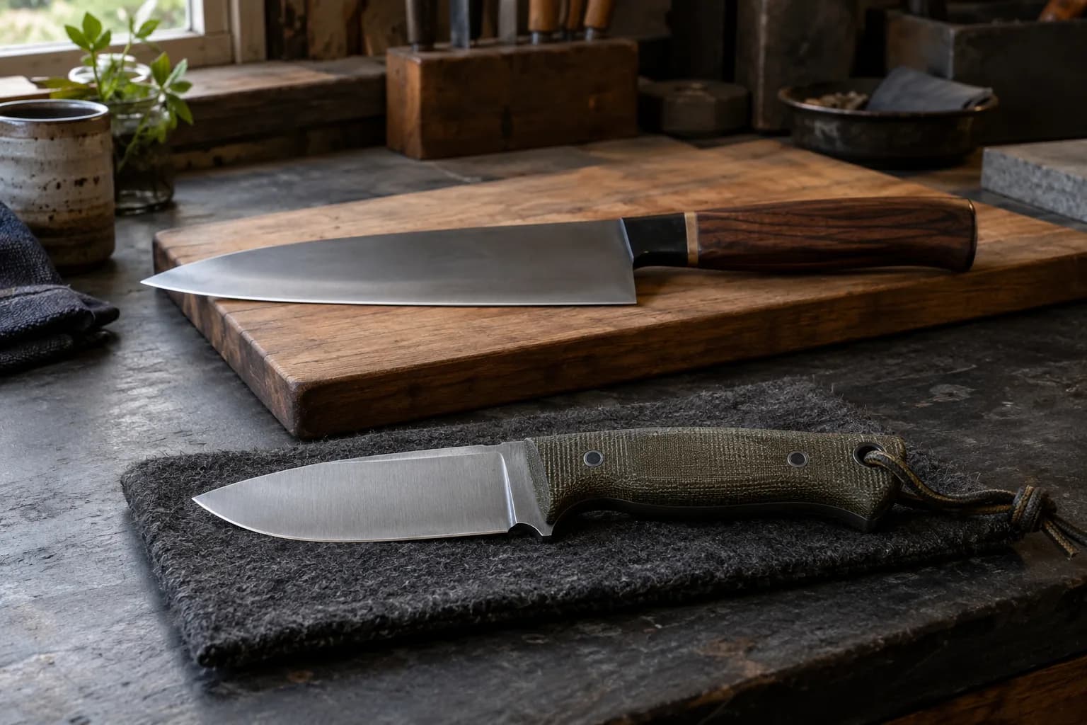 Short micarta-handled outdoor knife on a felt pad in front of a rosewood-handled kitchen knife lying on a wooden board.
