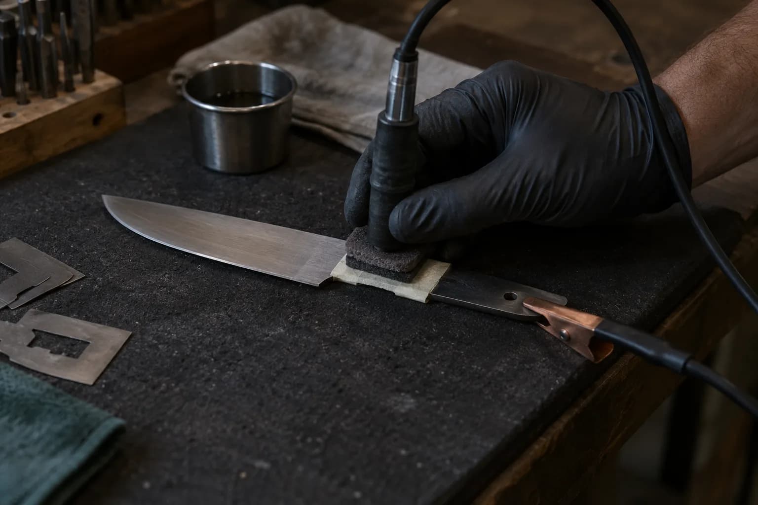 Black-gloved hand presses a felt electrode pad onto a taped stencil on a knife ricasso, copper clip on the tang