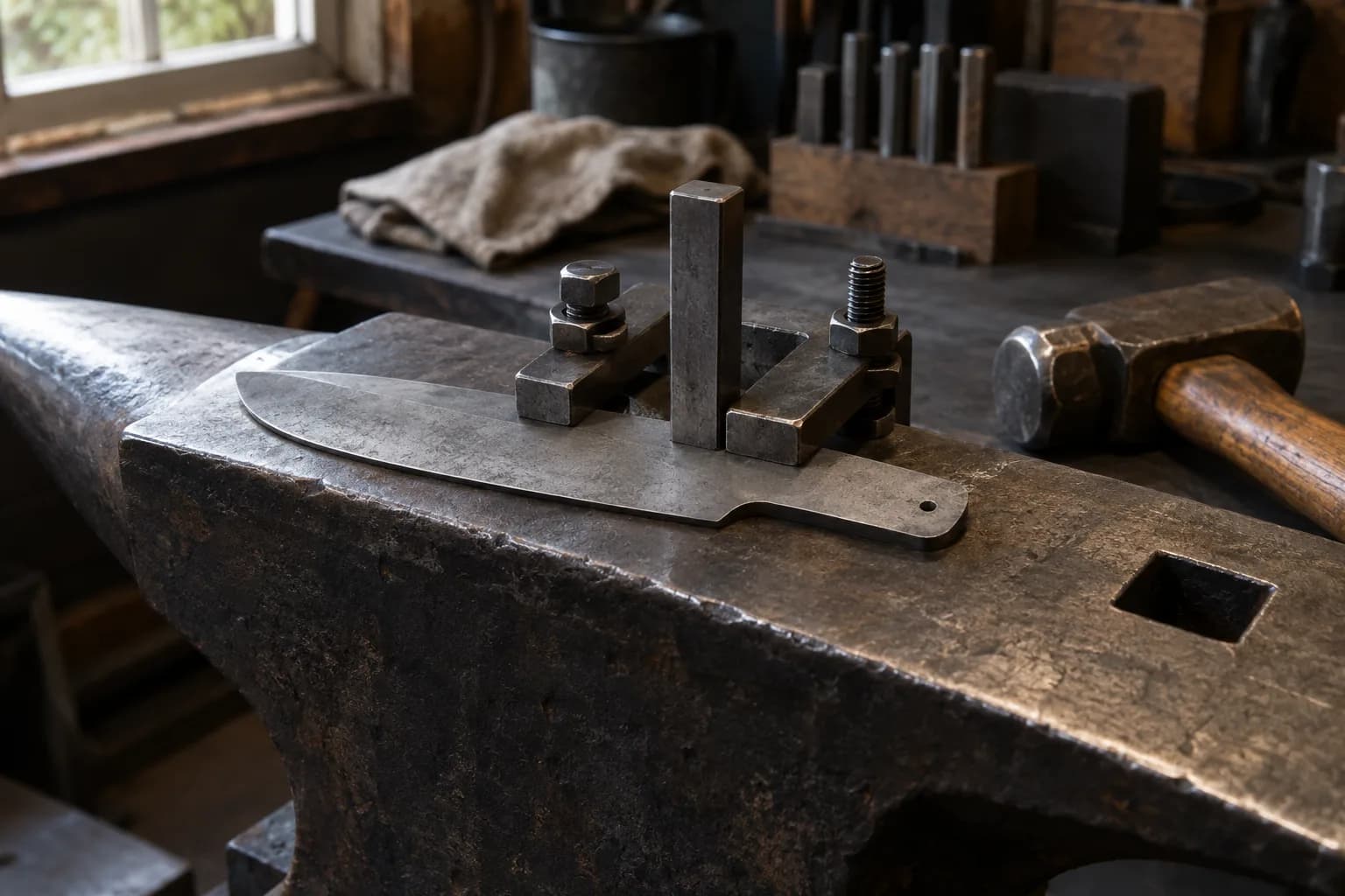 Square steel stamp held upright in a bolted jig on a blade blank lying on an anvil, hammer resting nearby