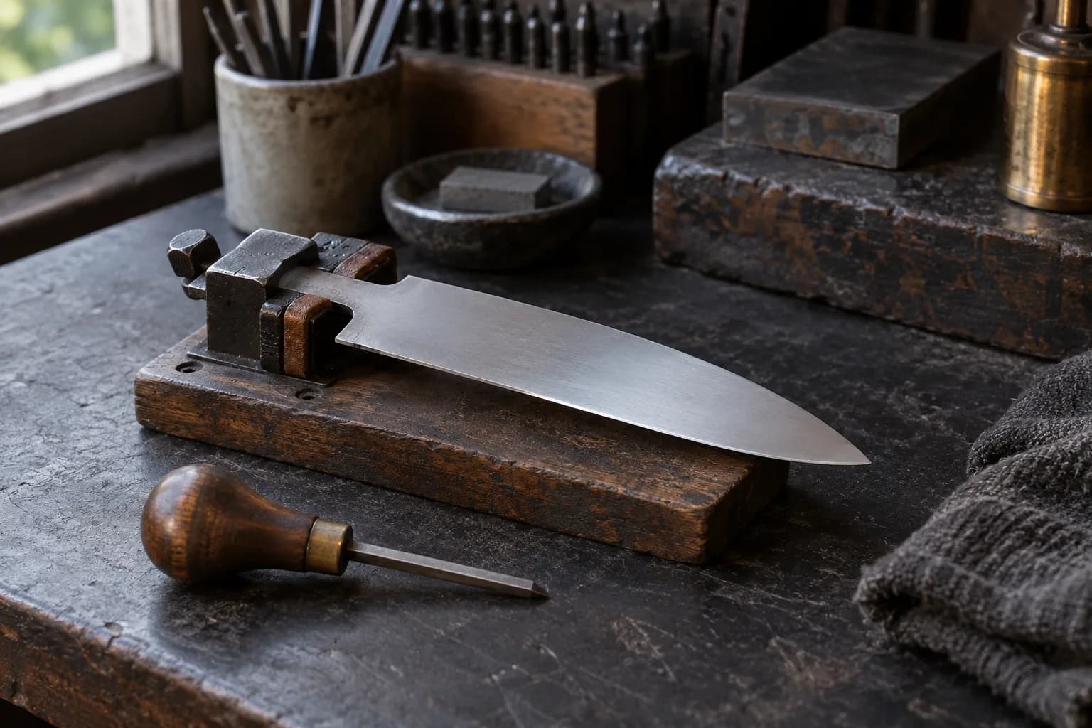 Plain polished blade clamped by the tang in a padded bench fixture, with a wood-handled palm graver lying beside it.