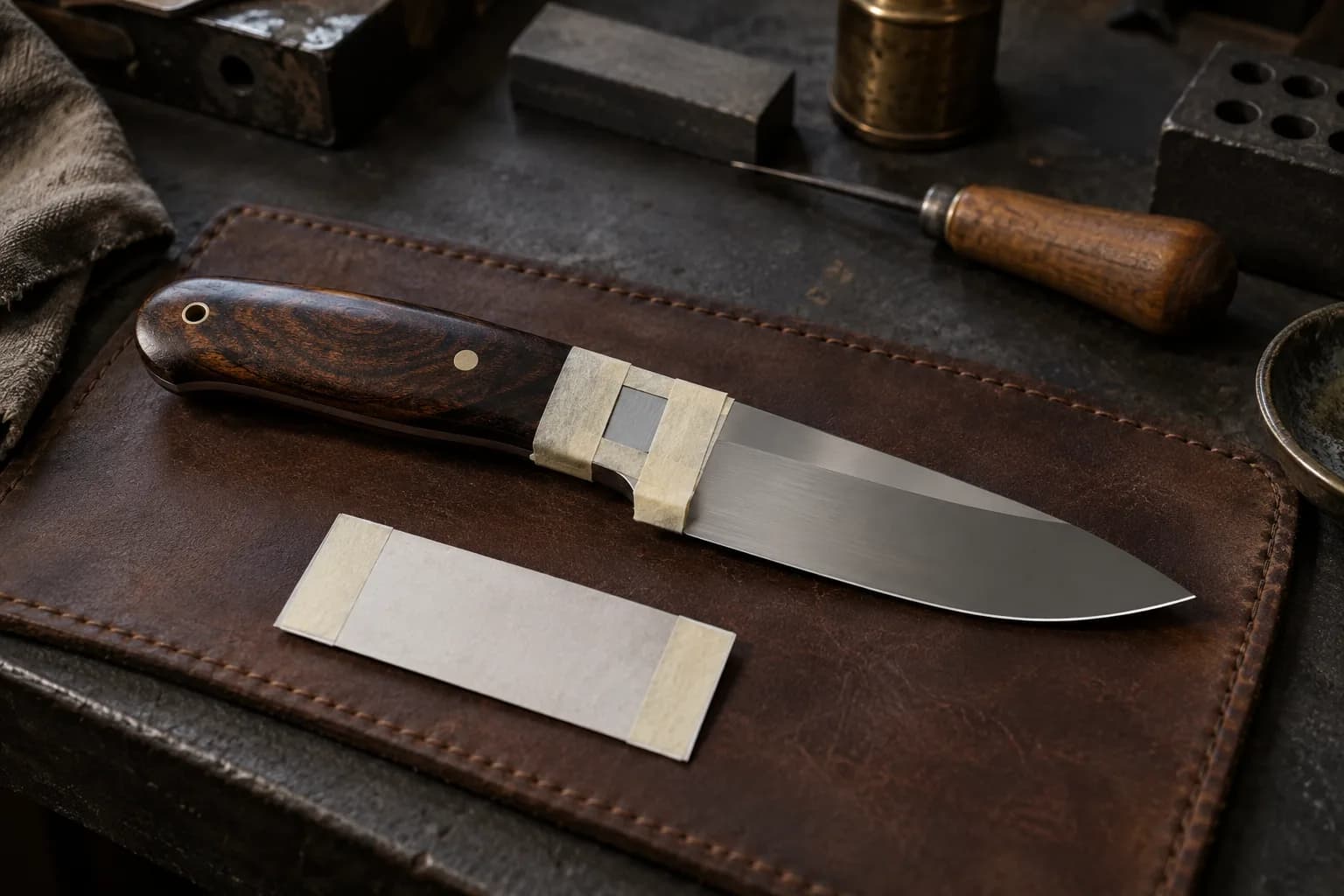 Knife on a leather pad with masking tape framing a bare steel window on the ricasso; a blank stencil strip lies beside it