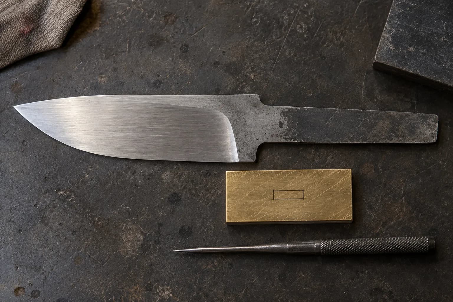 Overhead view of a cold knife blank with wide tang beside a brass guard blank with a small scribed slot outline and a scribe
