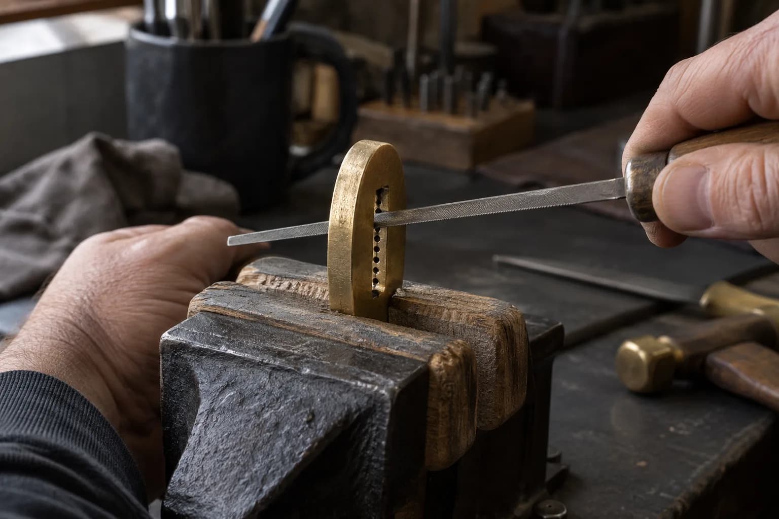 Brass guard clamped in wood-lined vise jaws while a hand pushes a small file through its chain-drilled slot