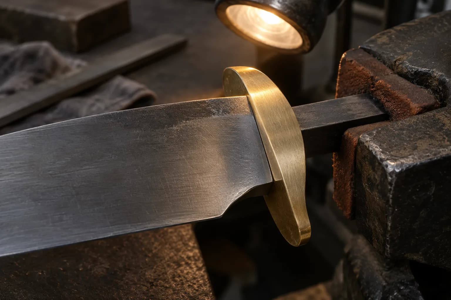 Brass guard seated flush against a knife blade's shoulder, tang in padded vise jaws, lit by a small lamp behind