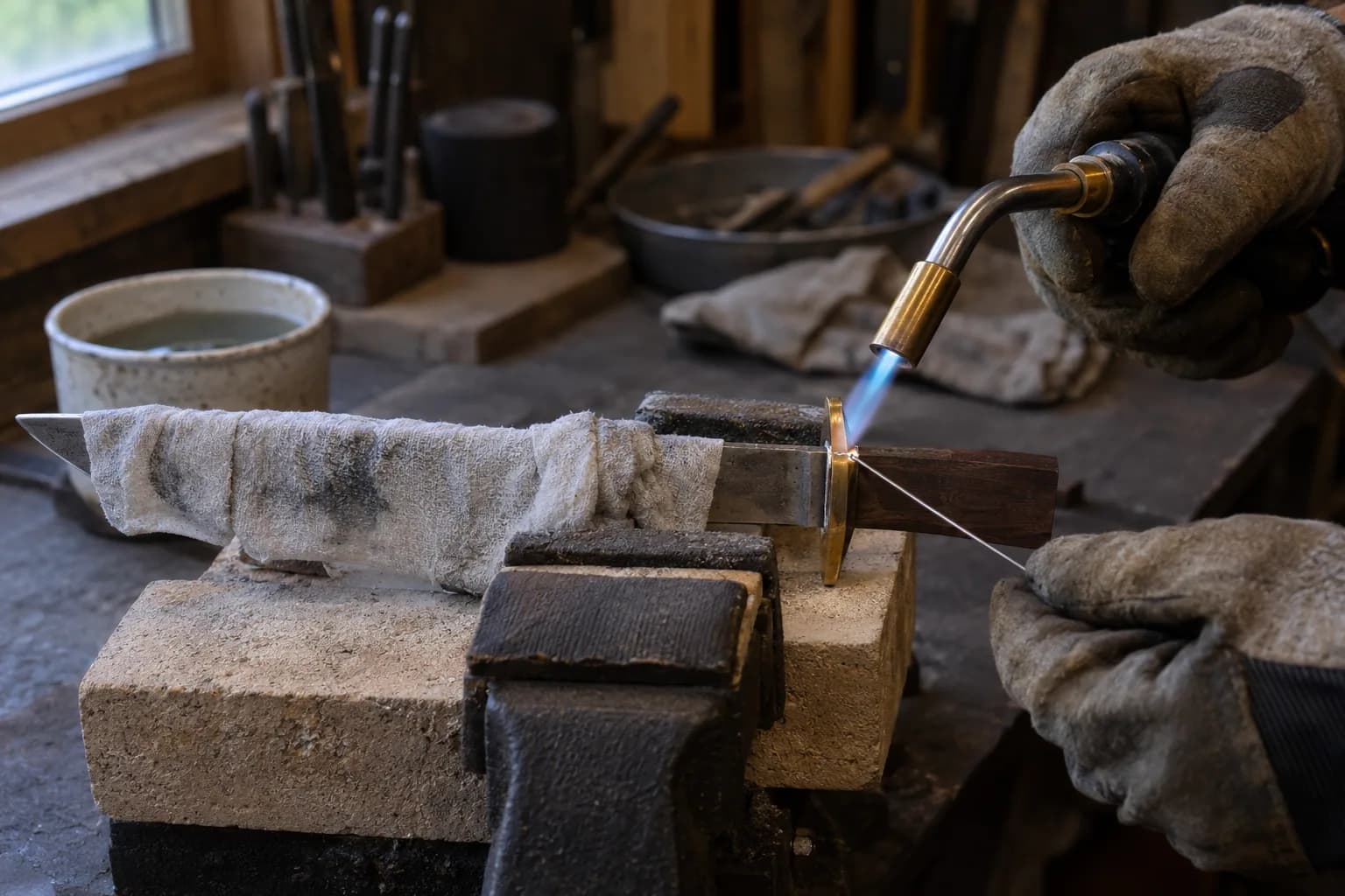 Gloved hands solder a brass guard on a knife with a torch, blade wrapped in cloth, held on firebrick in a vise