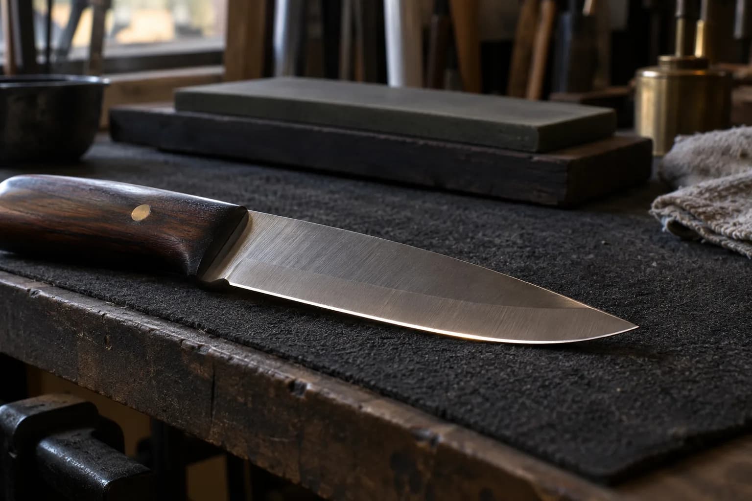 Knife with a wooden handle lying on a dark mat, a broad ground bevel and a fine bright line along the apex