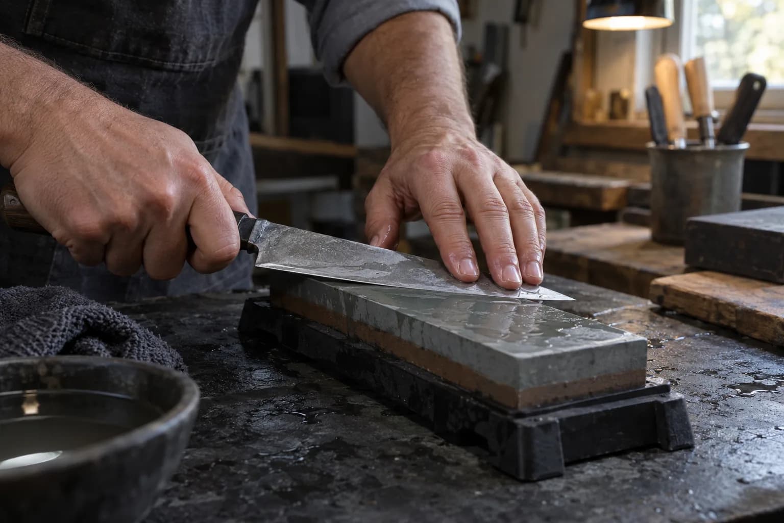 Hands holding a kitchen knife nearly flat on a wet stone in a nonslip holder, fingers pressing the blade flat