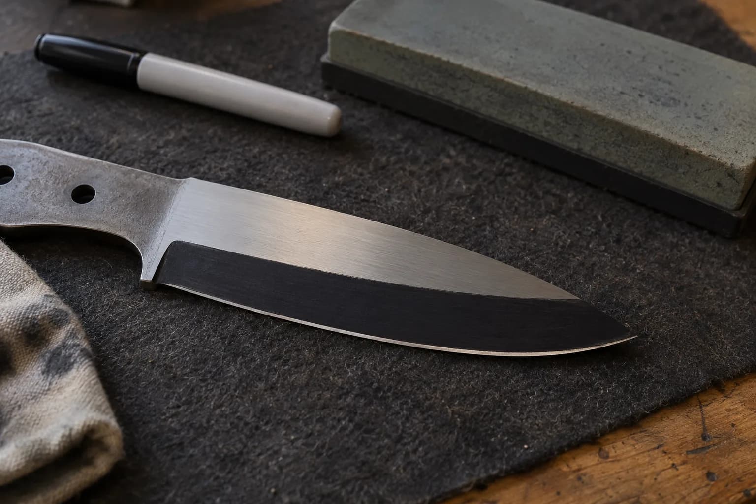 Knife blank with black marker ink across the bevel and a narrow clean silver strip at the apex, marker and stone behind