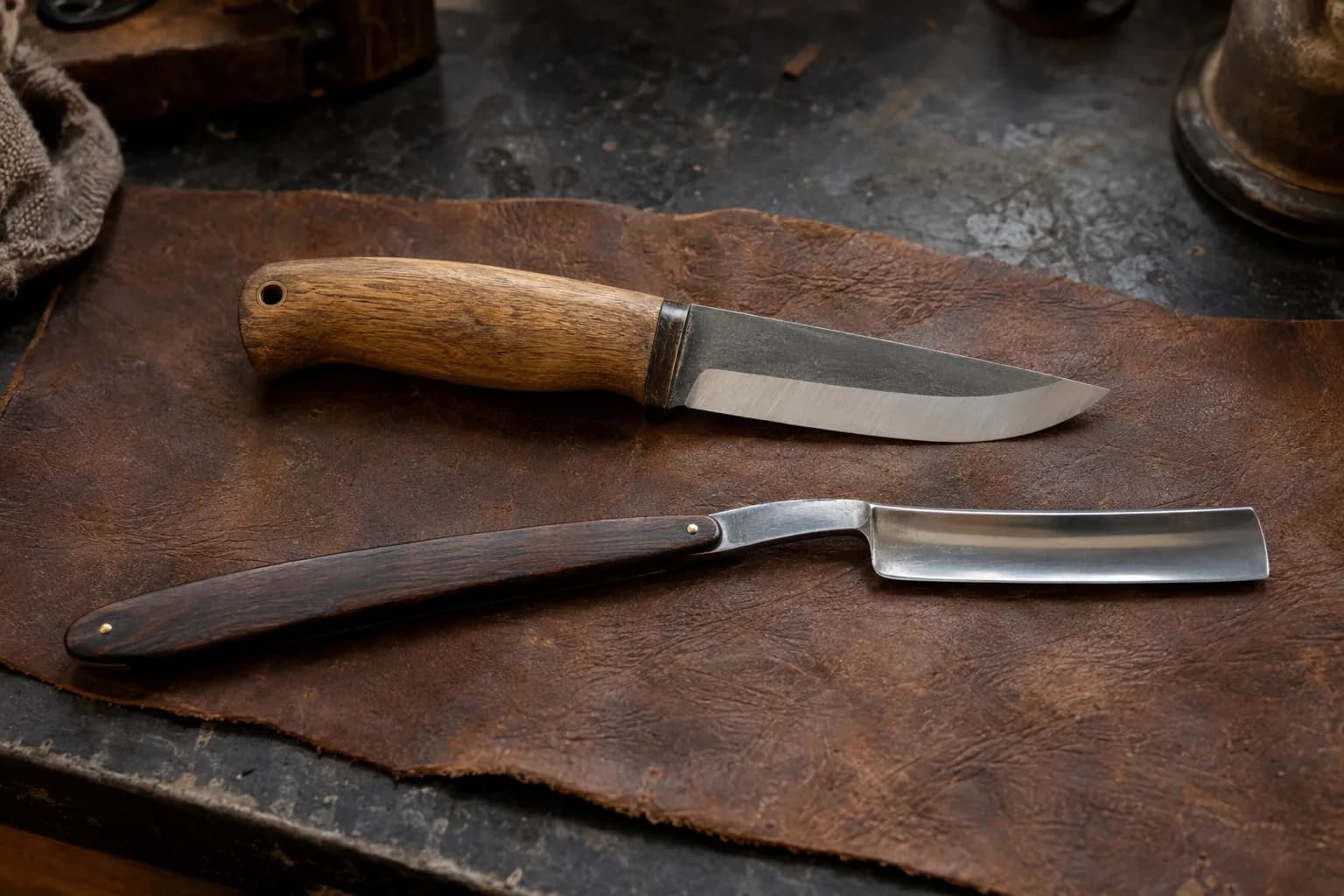 Scandi bushcraft knife with a wide flat bevel beside a fully open straight razor with rosewood scales on brown leather