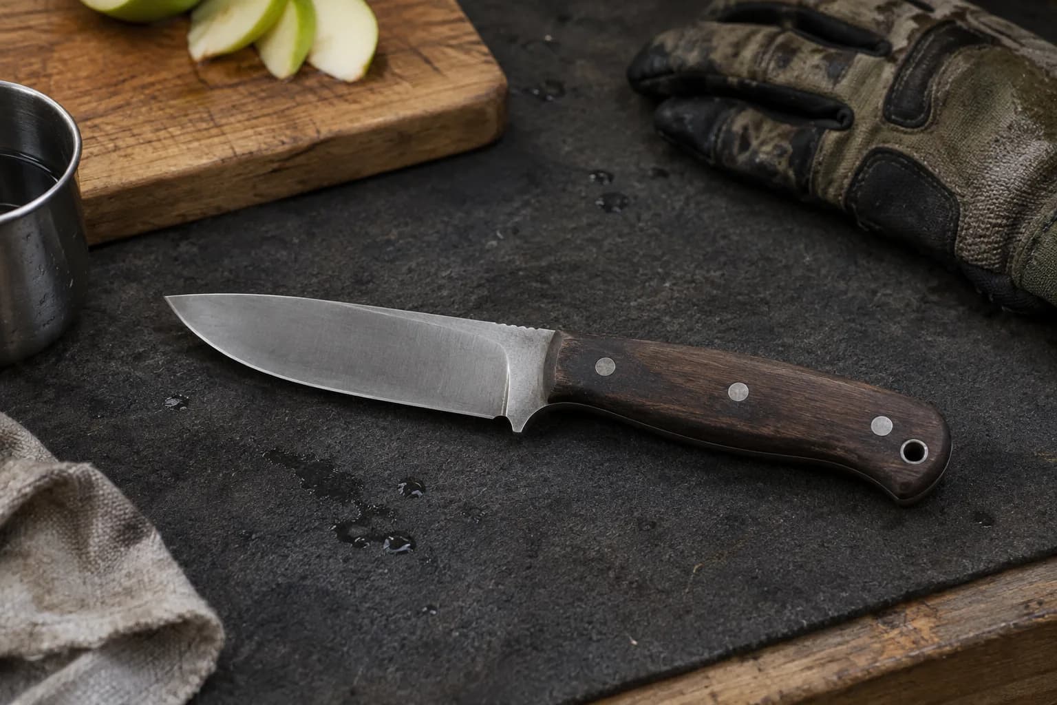 Plain pinned-handle knife lies on a dark mat beside a cutting board with apple slices, a steel cup and a damp camo glove.