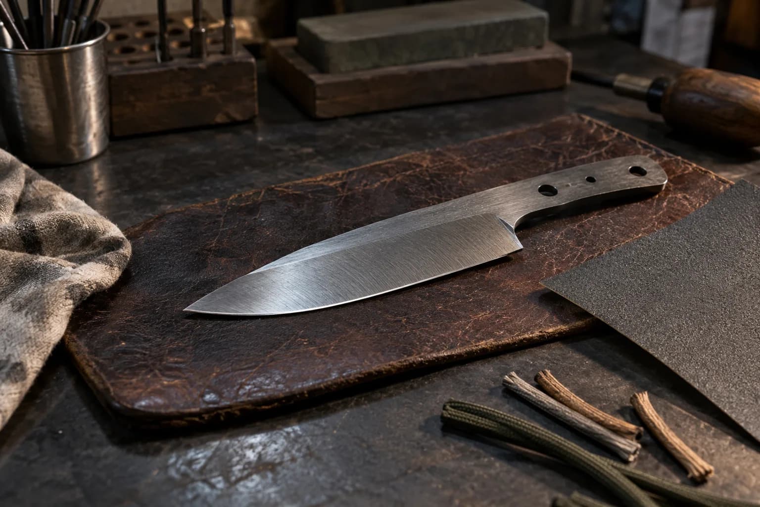 Satin knife blank with three tang holes lies on a leather pad beside abrasive sheet and short cord offcuts.