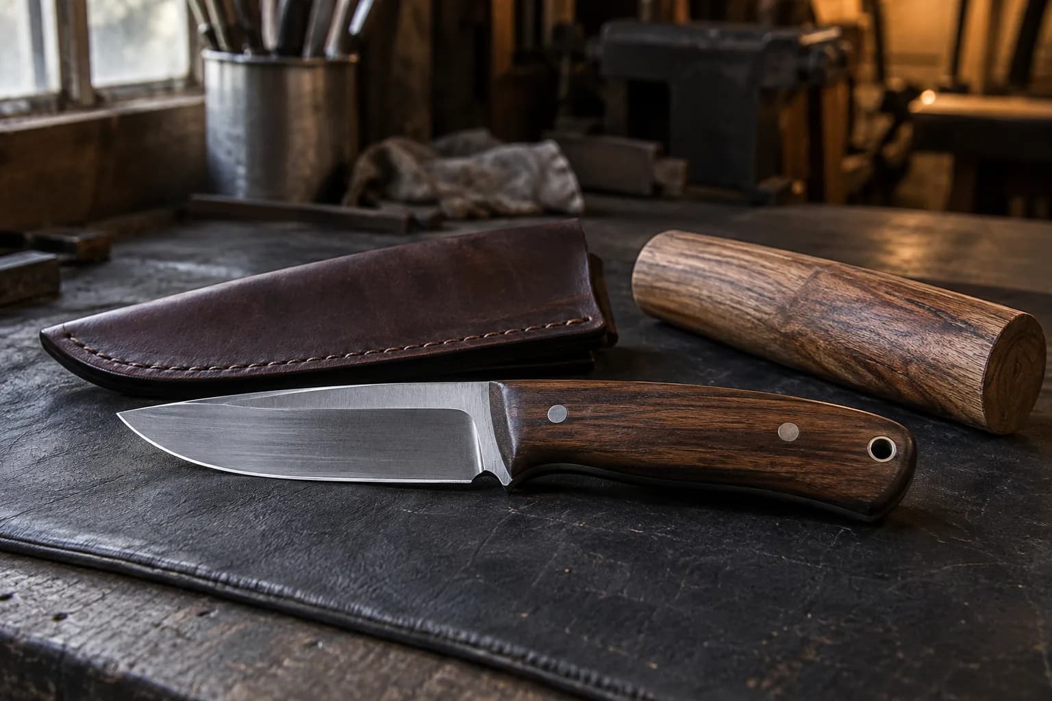 Drop-point hunting knife with dark wood handle on a leather pad beside a stitched leather sheath and a hardwood billet.