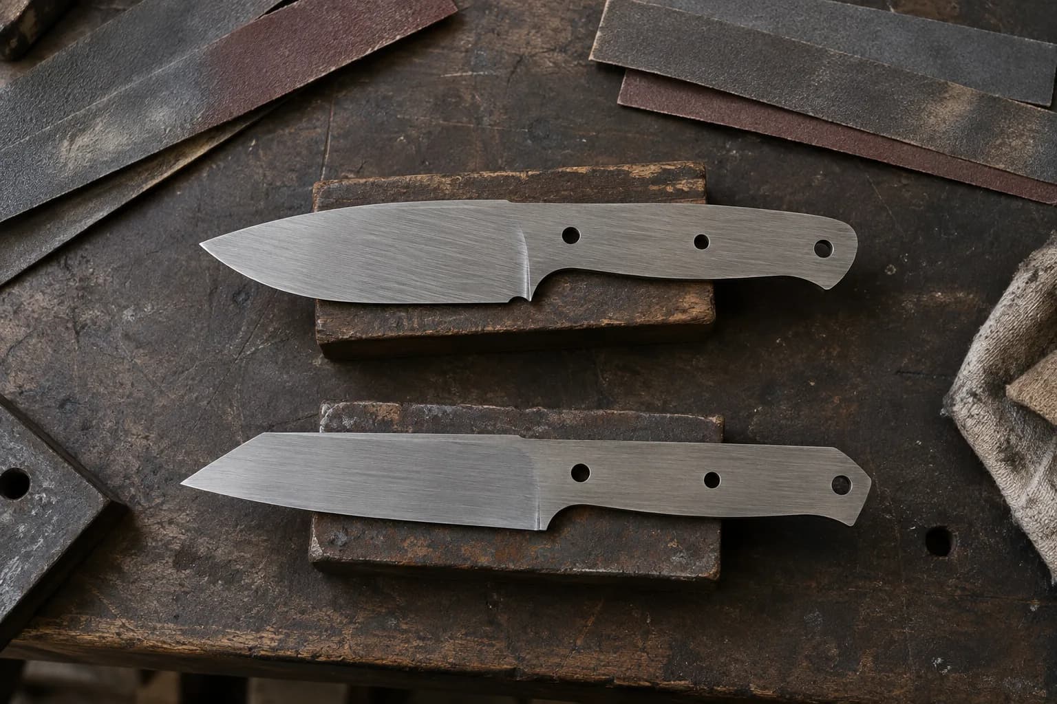 Two unhandled stainless knife blanks with satin scratch finish on wooden blocks, surrounded by plain abrasive strips.
