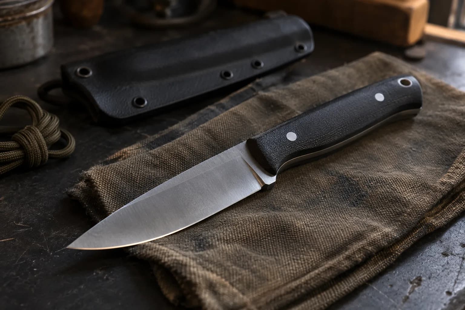 Everyday fixed-blade knife with black micarta handle on a canvas cloth beside a black kydex sheath and coiled cord.