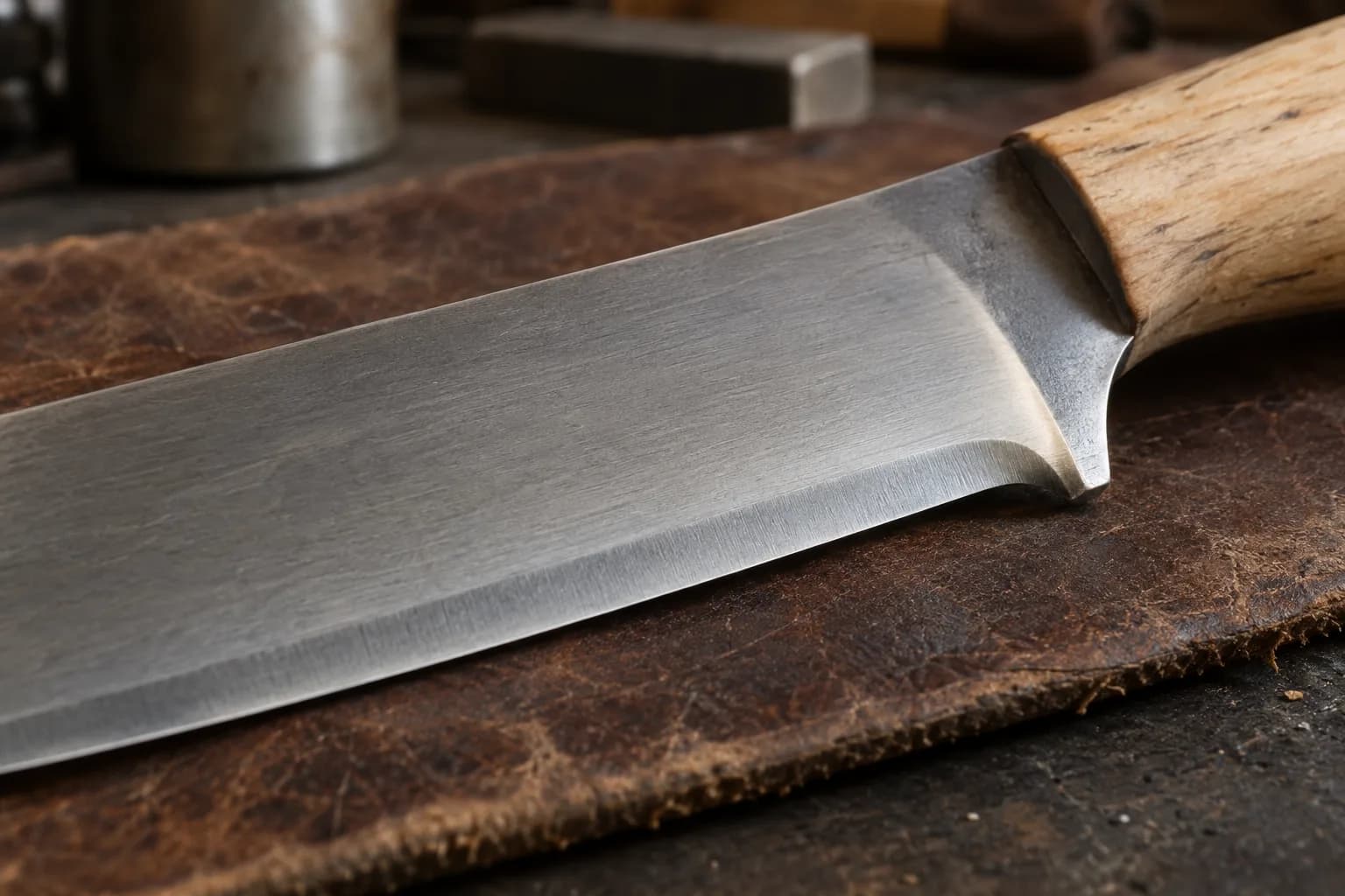 Close view of a knife's bevel, plunge and intact edge in raking light, resting on worn brown leather beside a wood handle.