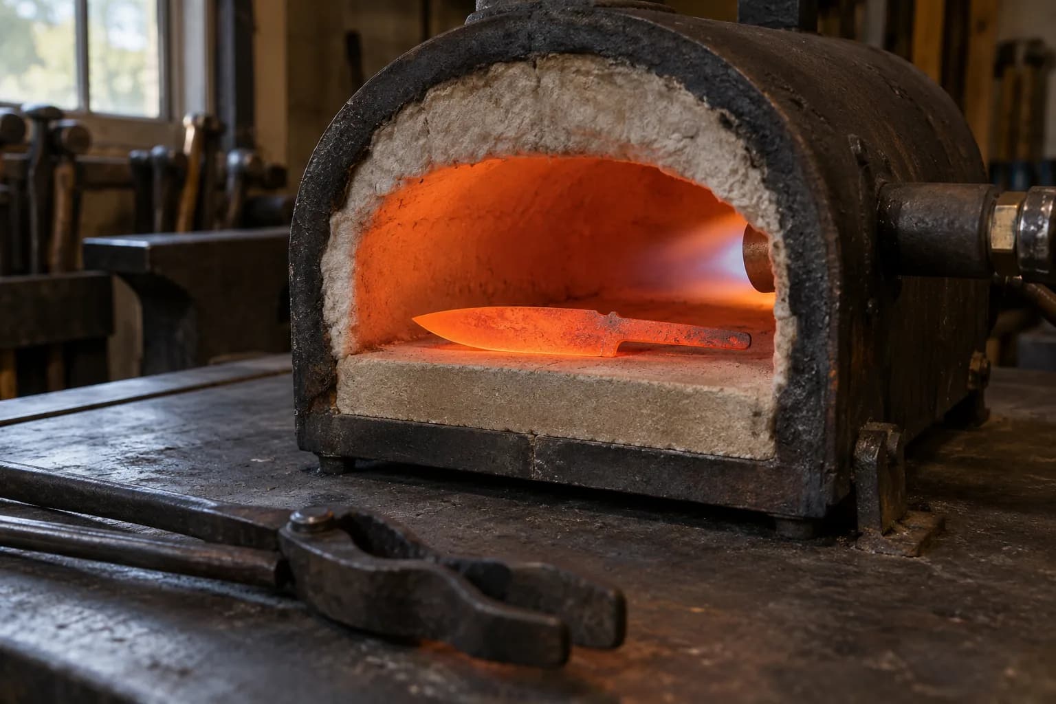 Orange-glowing knife blank lying flat on the hearth of an arched gas forge, with tongs resting on a dark bench