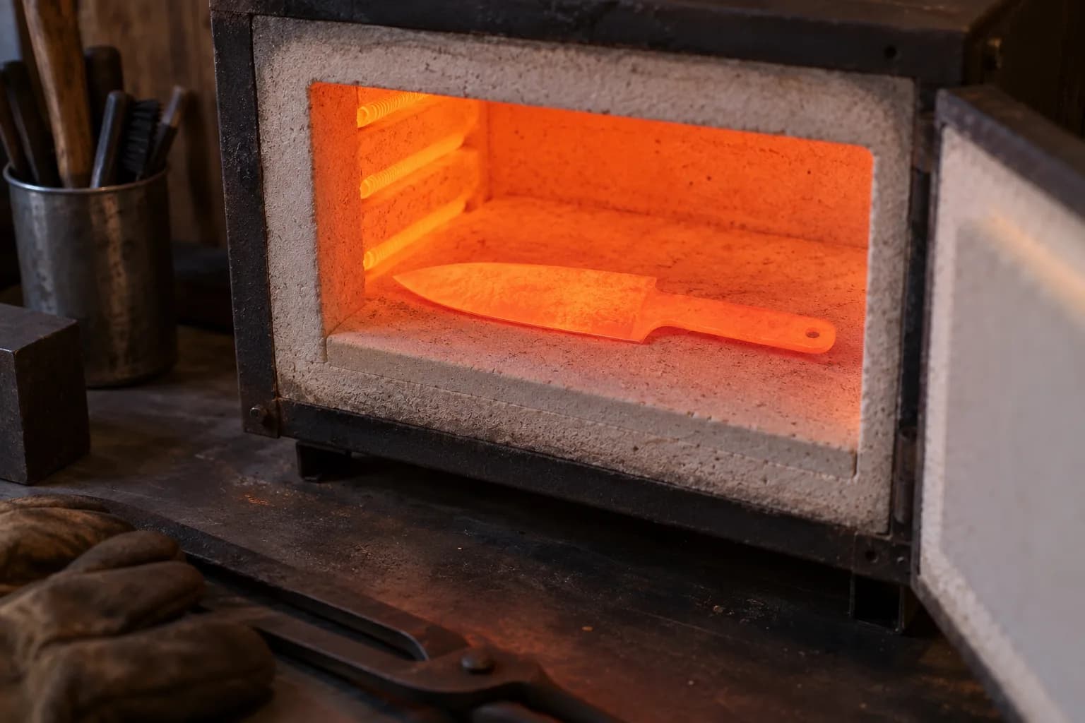 Flat knife blank glowing evenly orange-red on the floor plate of a small electric kiln with visible heating coils.