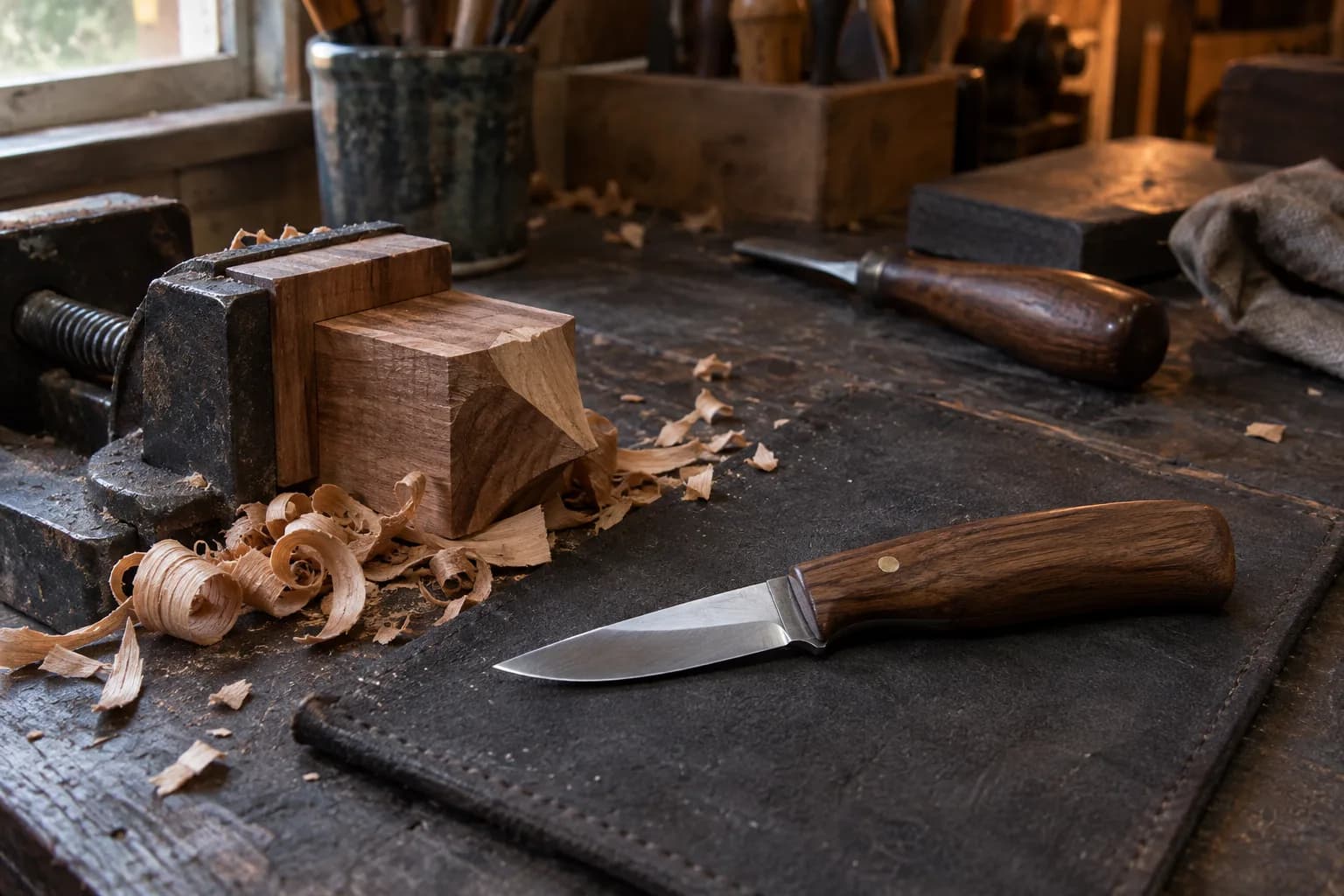 Finished wood-handled knife on a leather bench pad beside a vise-clamped hardwood block and curled shavings.
