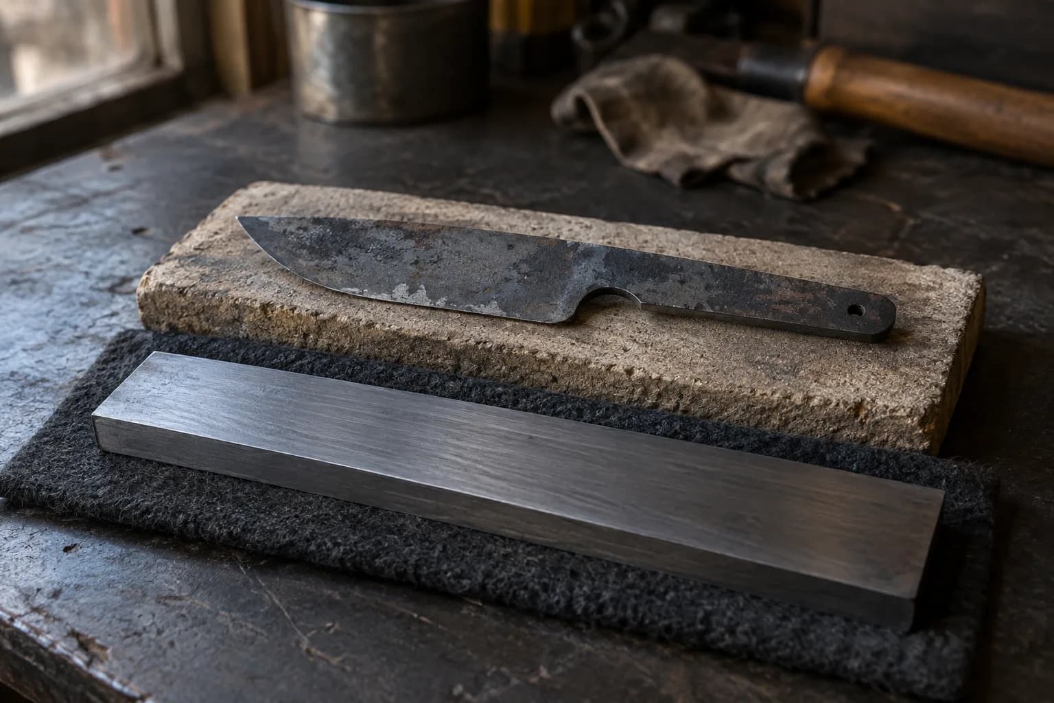 Ground flat steel bar on a felt pad in front of a rough scaled knife blank resting on a firebrick slab.