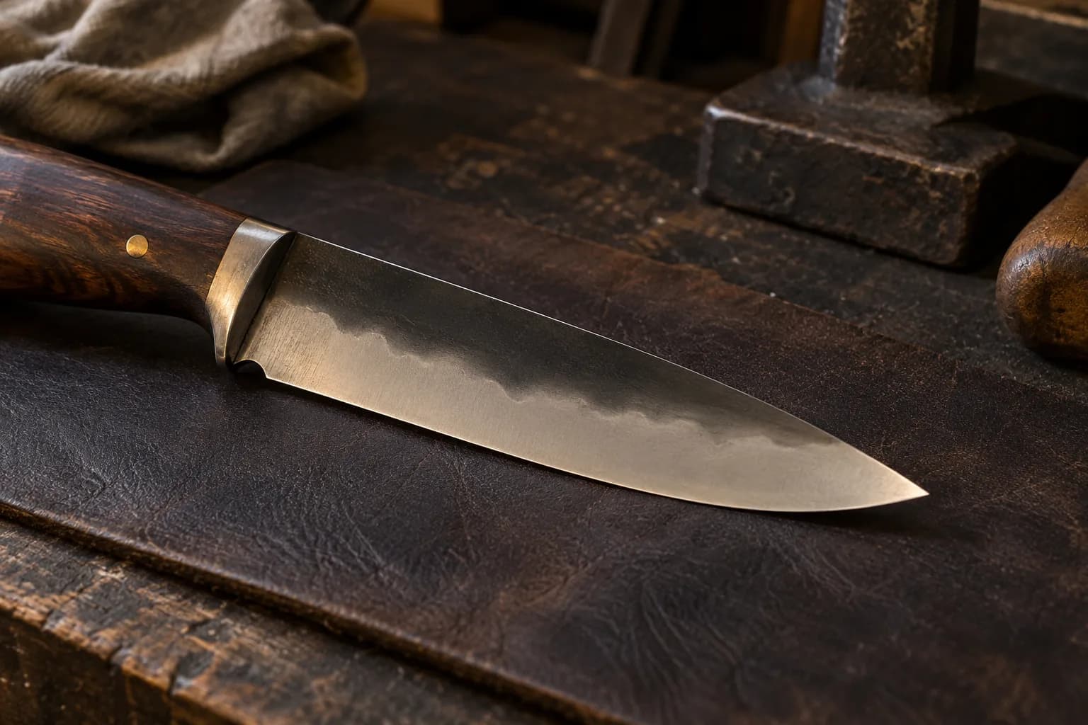 Polished fixed knife blade with a wavy cloudy hamon line lying on dark leather beside a wood handle with a brass pin.