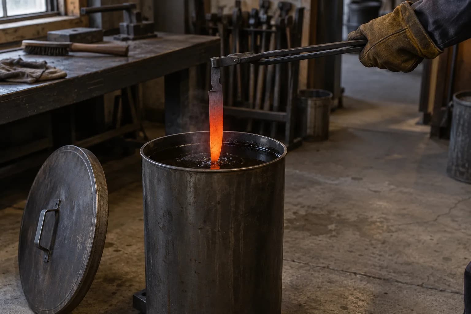 Gloved hand lowers a glowing orange knife blank point-first on long tongs into a steel oil tank, lid leaning beside it.