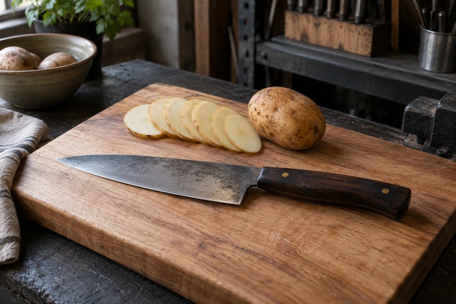 Dark-handled kitchen knife with a worked patina on a wooden board beside a whole potato and a row of thin slices.