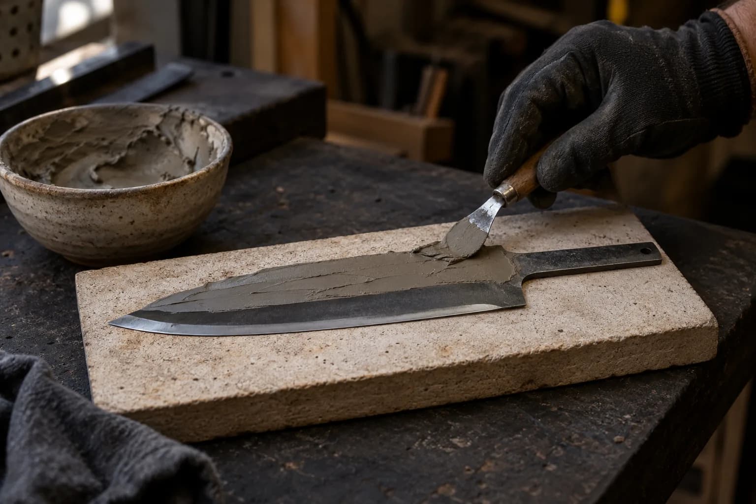 Gloved hand spreads grey clay along the spine of a knife blank on a refractory board, leaving the edge bare beside a clay bowl.