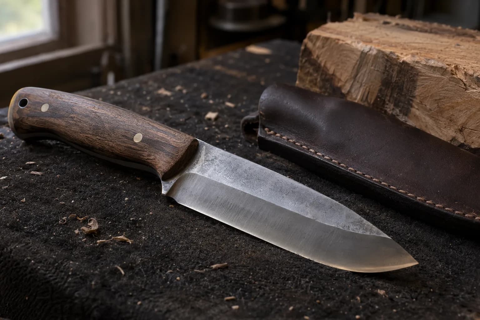 Stout camp knife with a dark wood handle and brass pins resting on a black pad beside a leather sheath and a rough wood block.