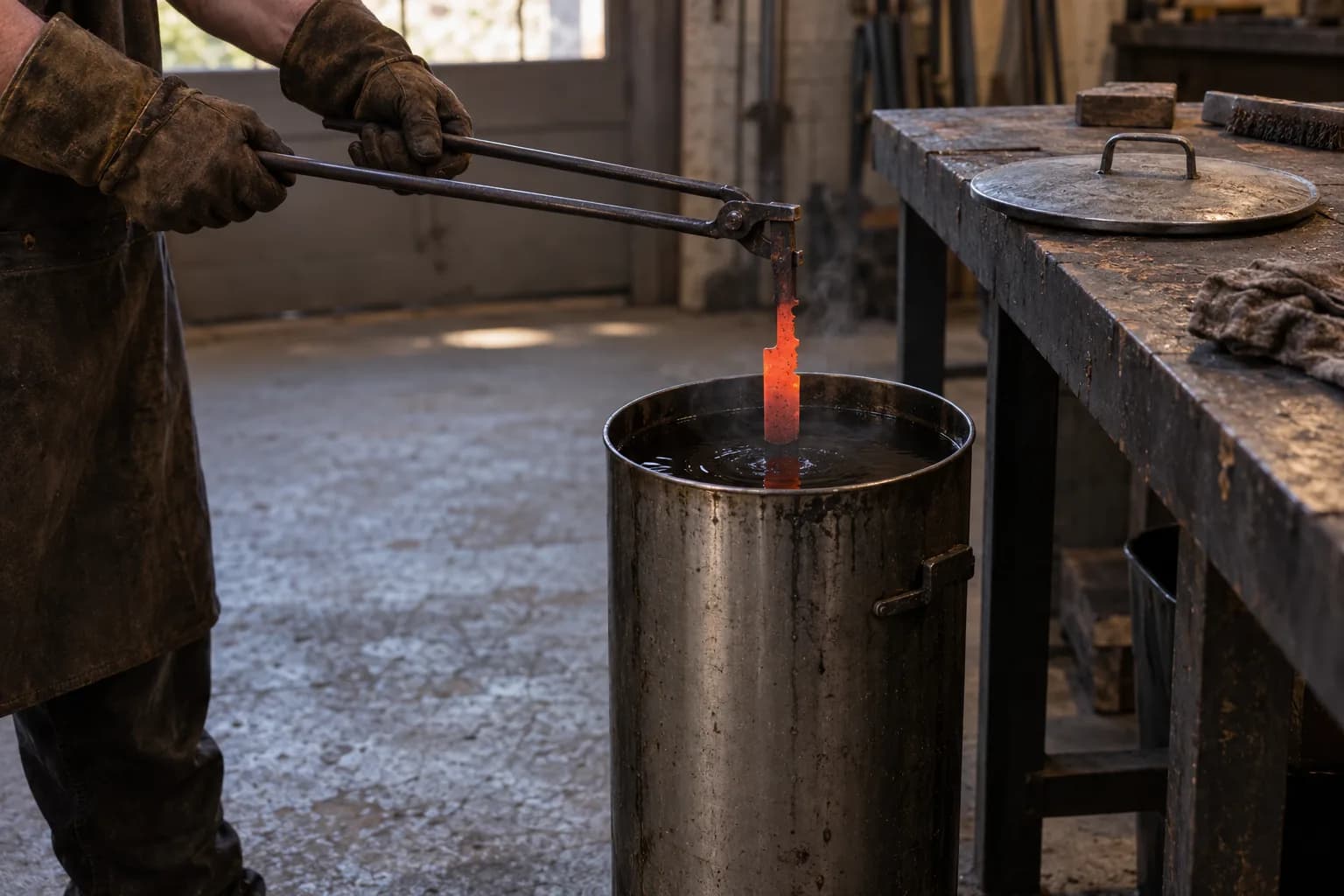 Gloved hands lower a glowing orange blank point-first into a steel oil tank with long tongs, light vapor rising.