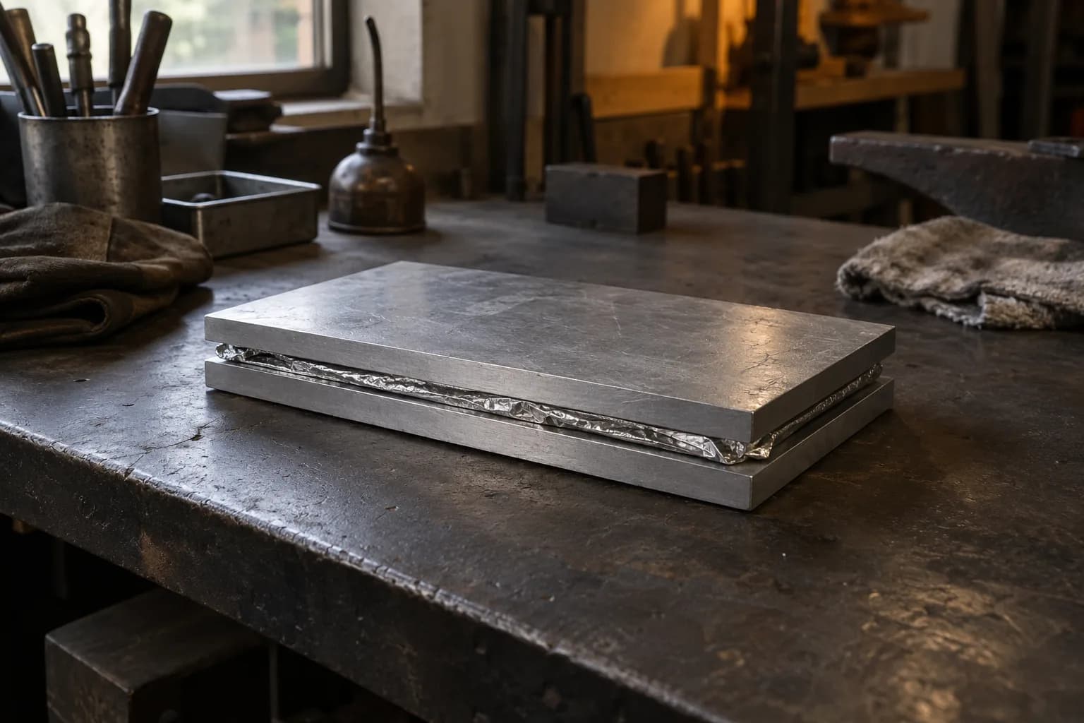 Foil-wrapped blank sandwiched between two plain aluminum plates resting flat on a worn steel shop bench.