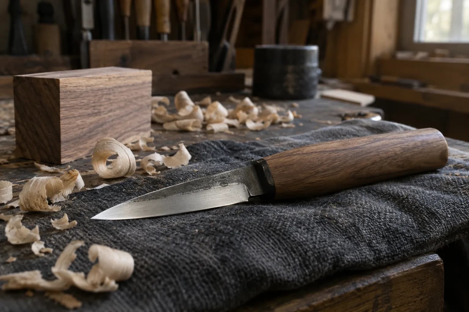 Narrow woodworking knife with a plain walnut handle lying on a gray cloth pad beside curled wood shavings and a hardwood block.