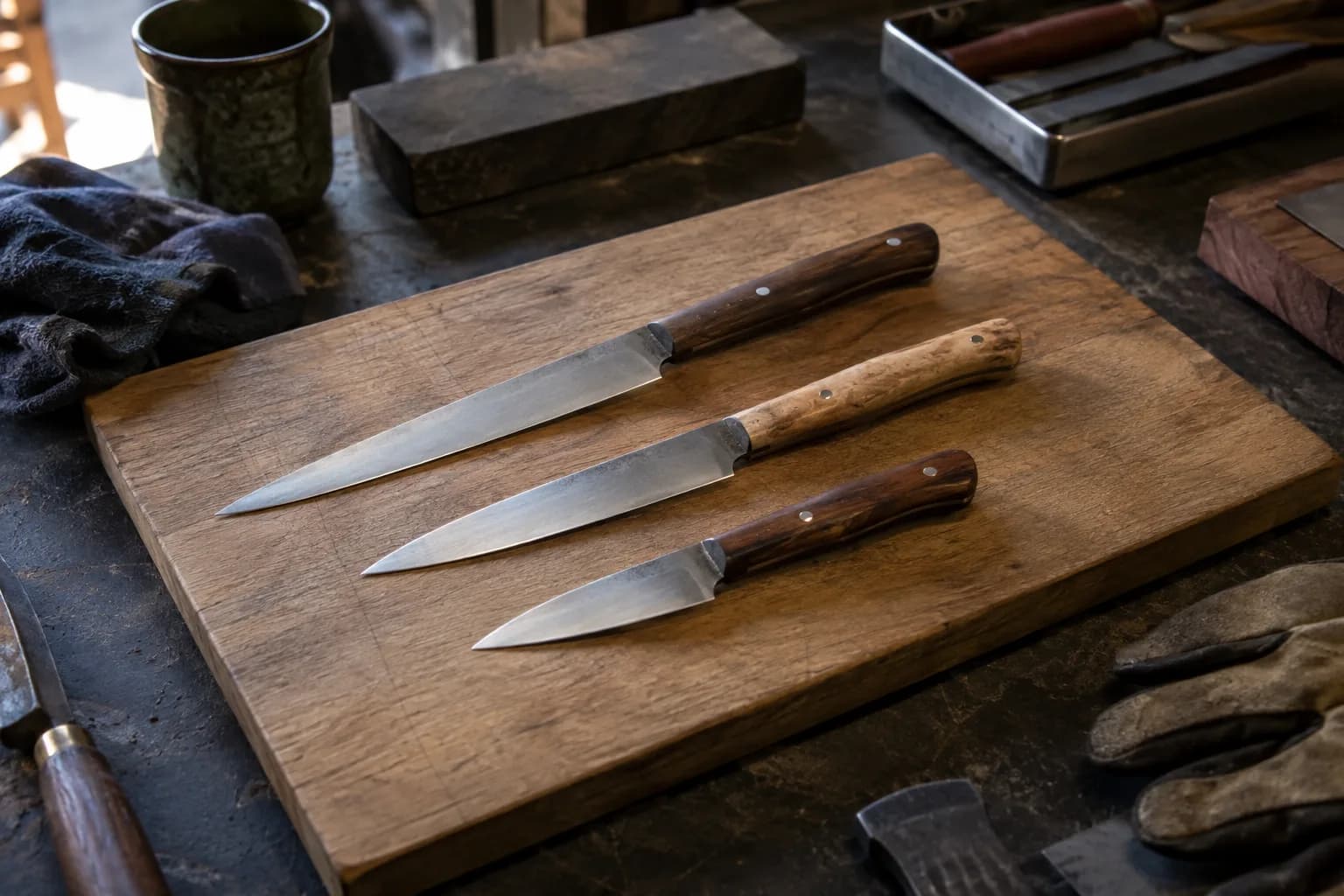 Three small knives with pinned wood handles on a wooden board, short paring, mid petty and long slim petty, side by side