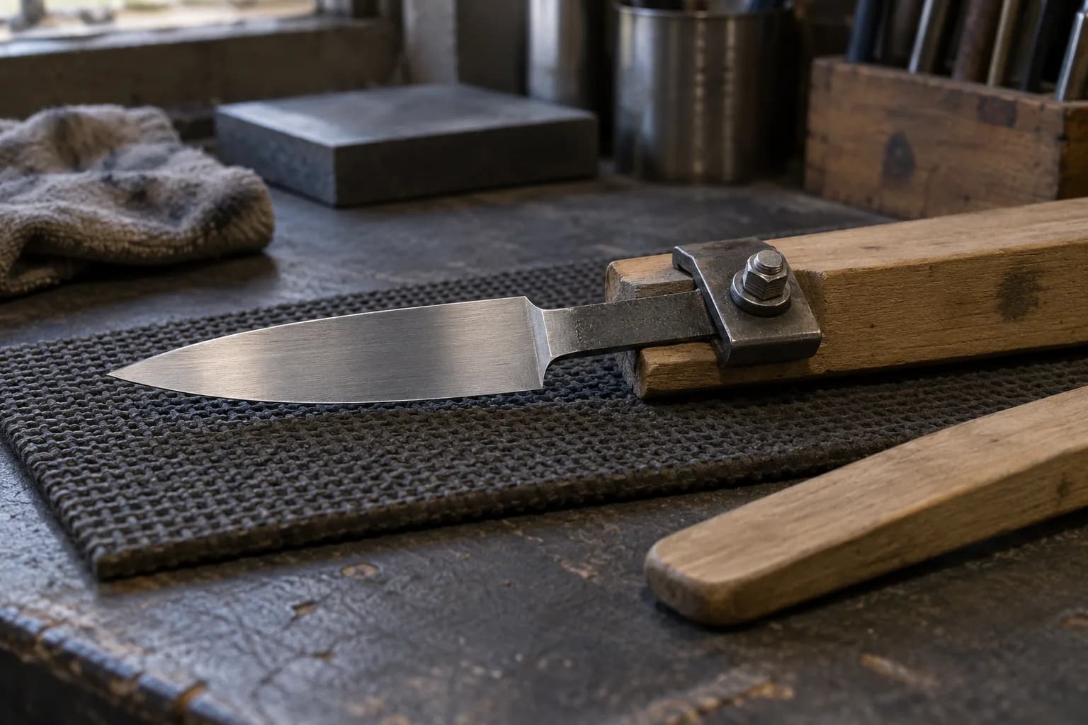 Short unhandled petty blade blank with its tang clamped to a wooden carrier on a nonslip mat, push stick alongside