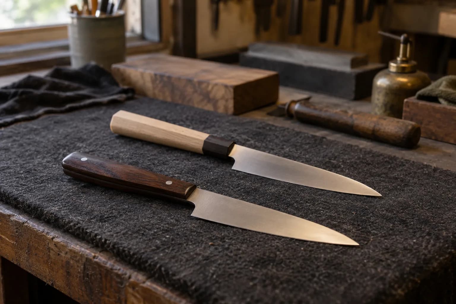 Two petty knives, one with a slim pale wa handle and one with narrow pinned western scales, resting on a dark felt bench pad