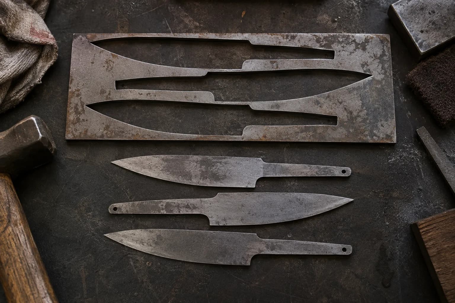 Steel bar skeleton with three knife-shaped cutouts above three matching cold petty knife blanks with tang holes on a bench