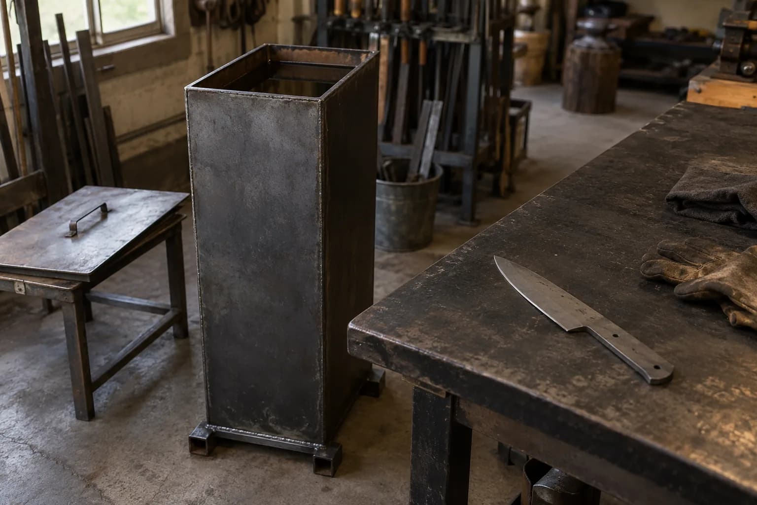 Tall welded steel quench tank on a concrete floor, its lid on a steel stool and a cold knife blank on the bench
