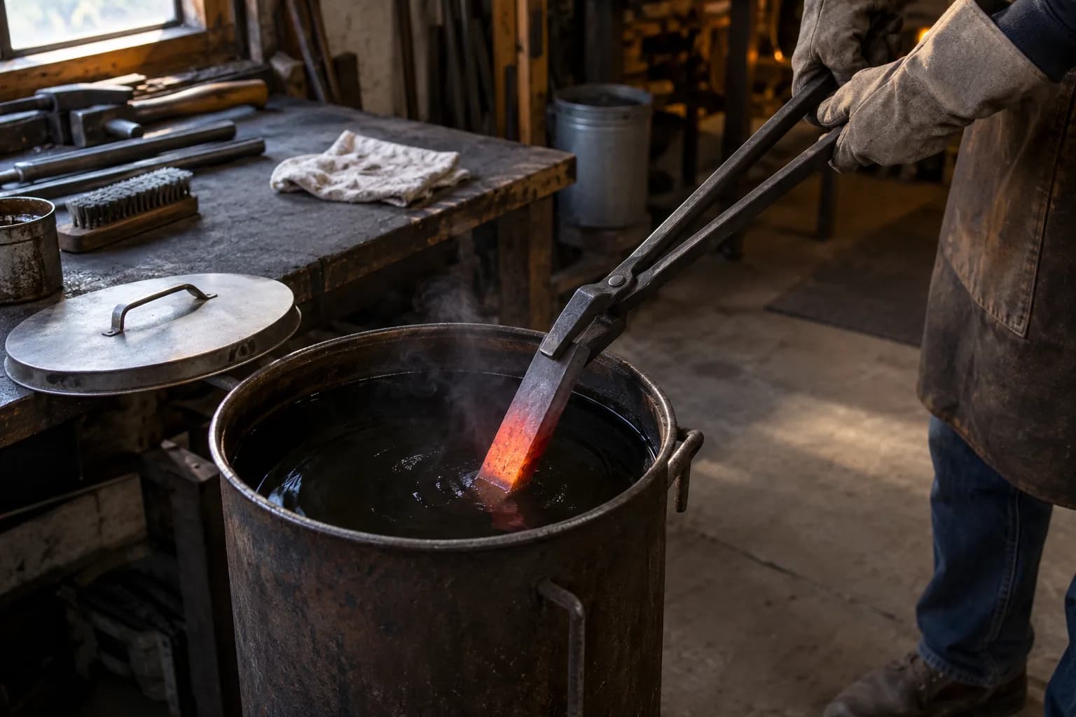 Gloved hands lower a glowing scrap steel bar into a drum of dark oil with long tongs, lid resting on the bench